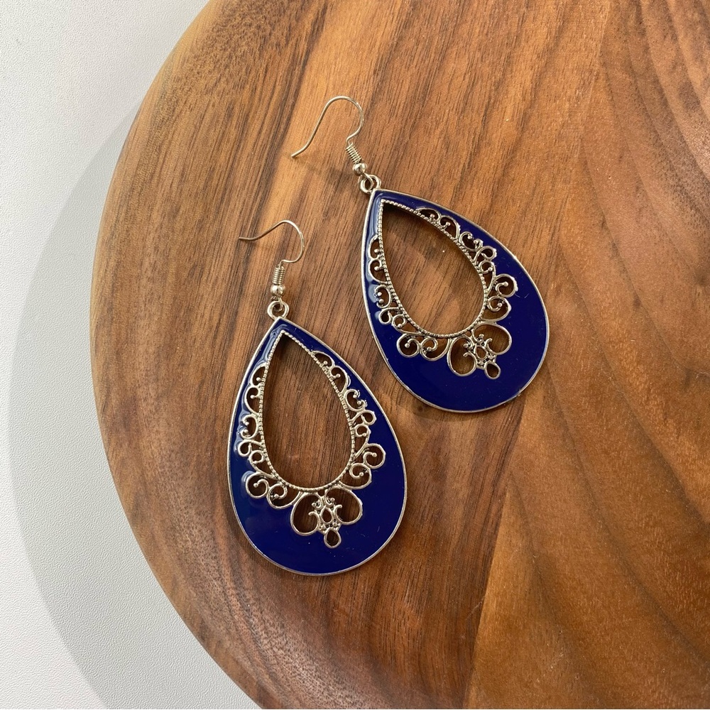 4/$15 Blue Teardrop Filigree Drop Earrings